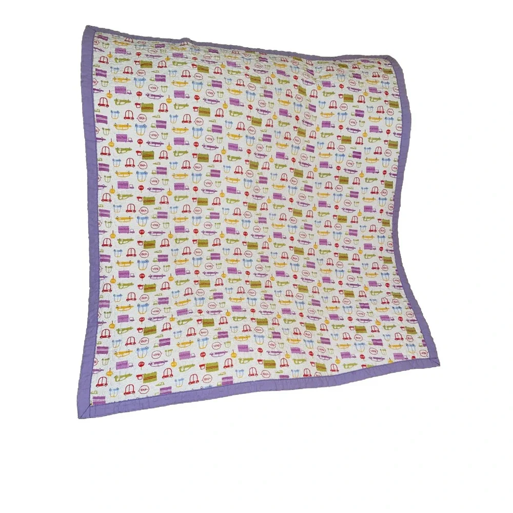 Handmade Baby Quilt Blanket Trucks Cars Cotton Purple Toddler Unique 43 X 38